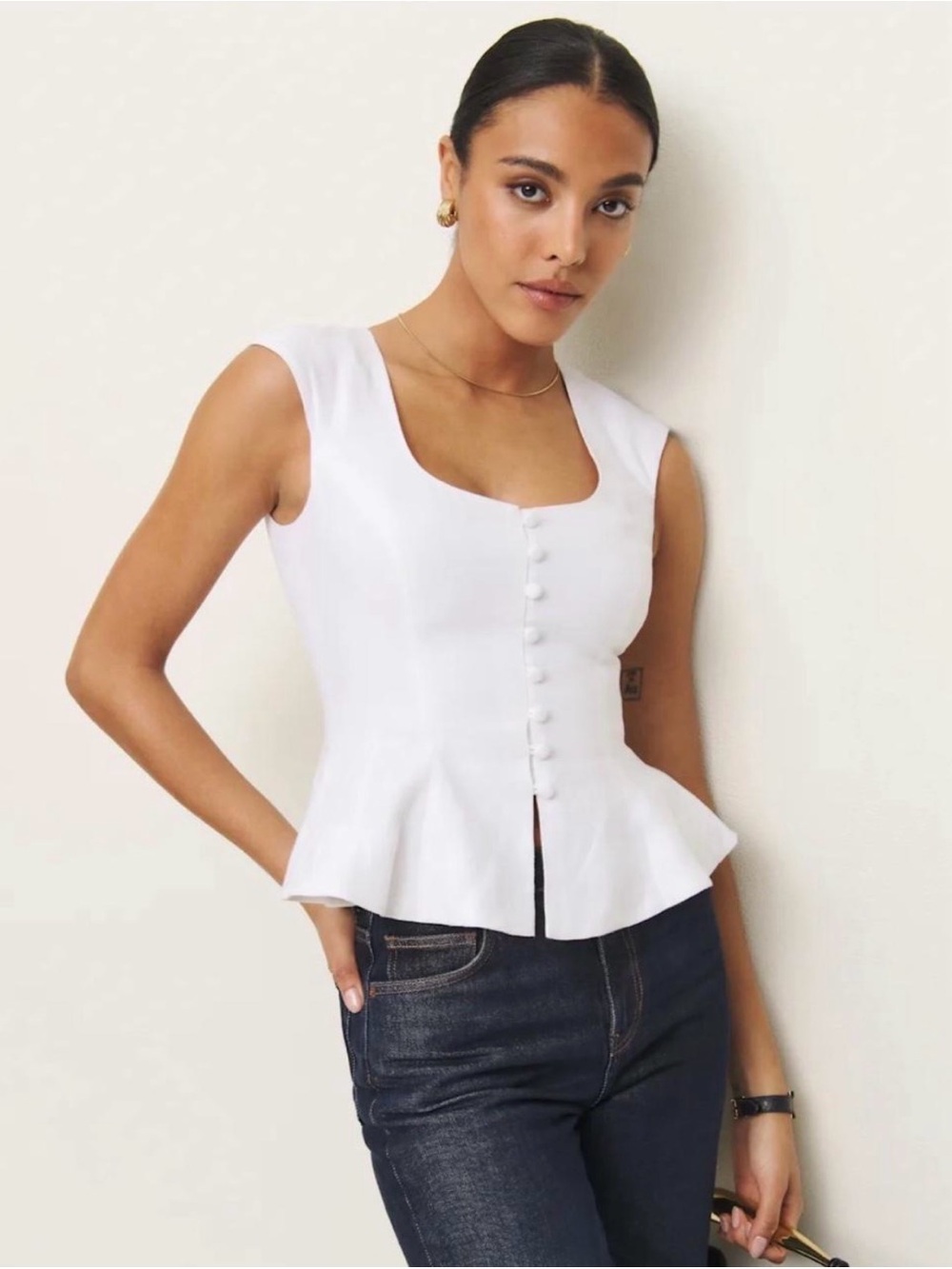 Reformation White Sleeveless Button-Front Peplum Top